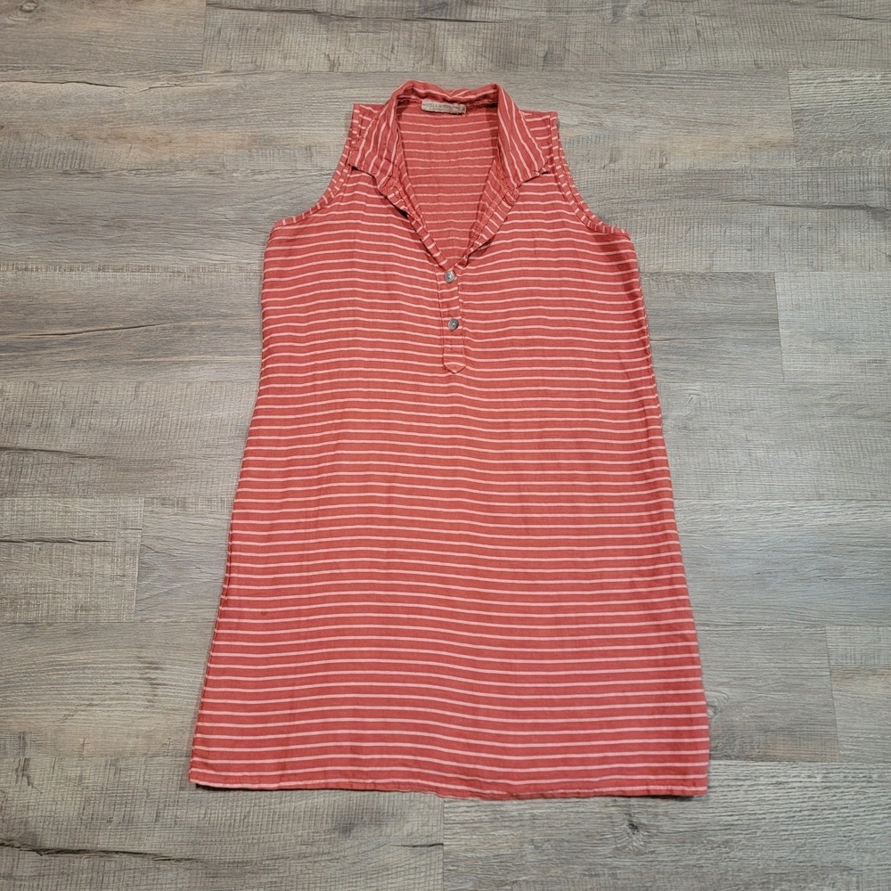 Stella Martini Linen Henley Sleeveless Dress Striped Size Medium Lagenlook Boho